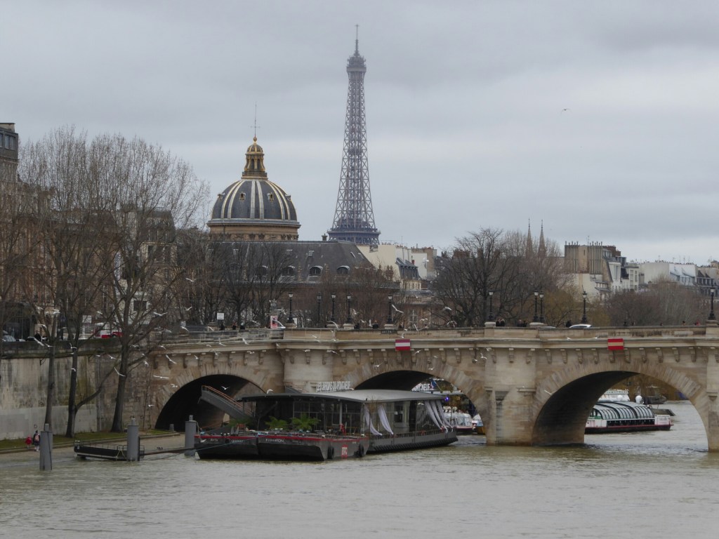 Zicht over de Seine op Pont Neuf en de Eiffeltoren, Parijs