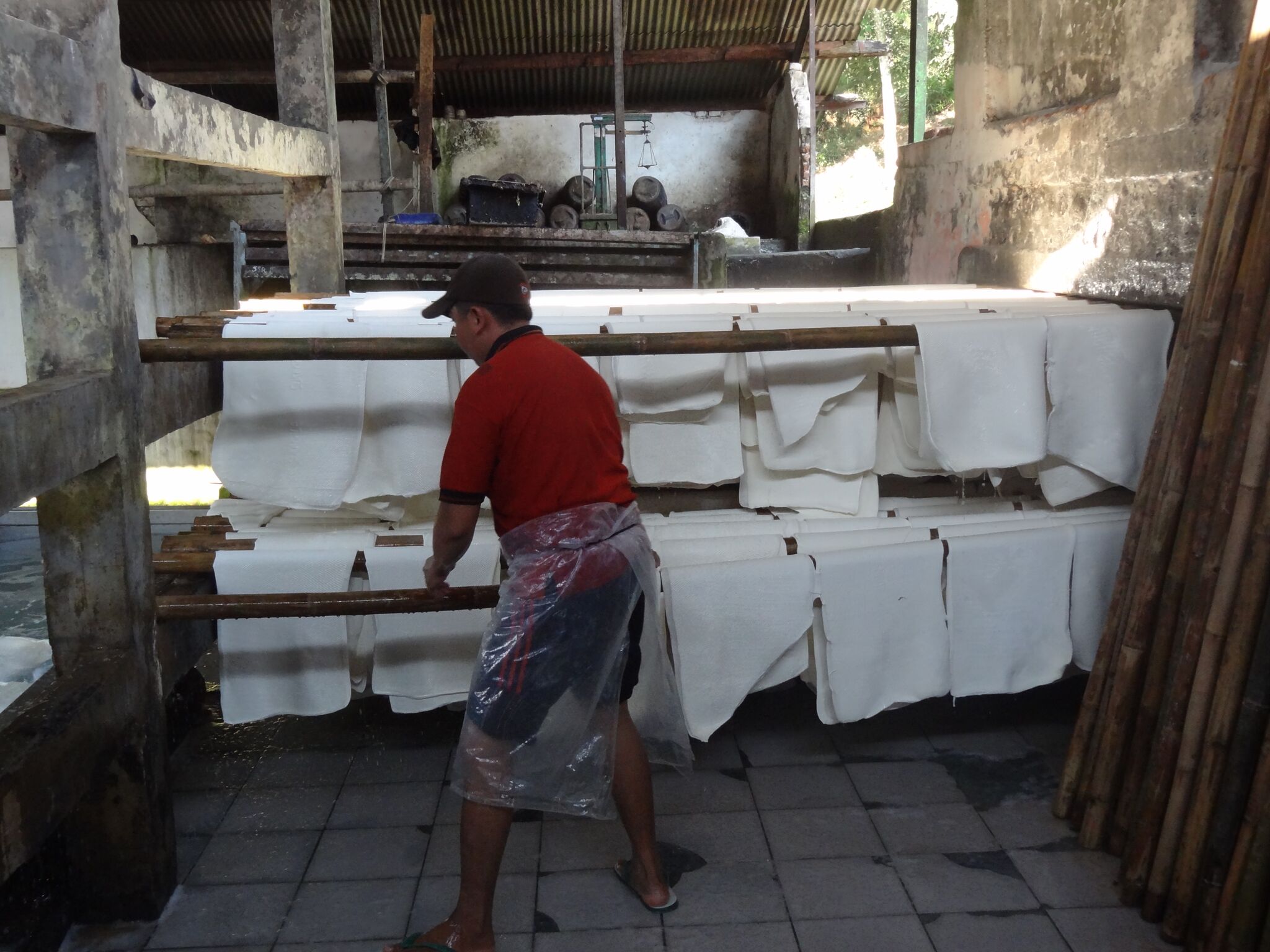 De lappen rubber worden te drogen gehangen over lange stokken